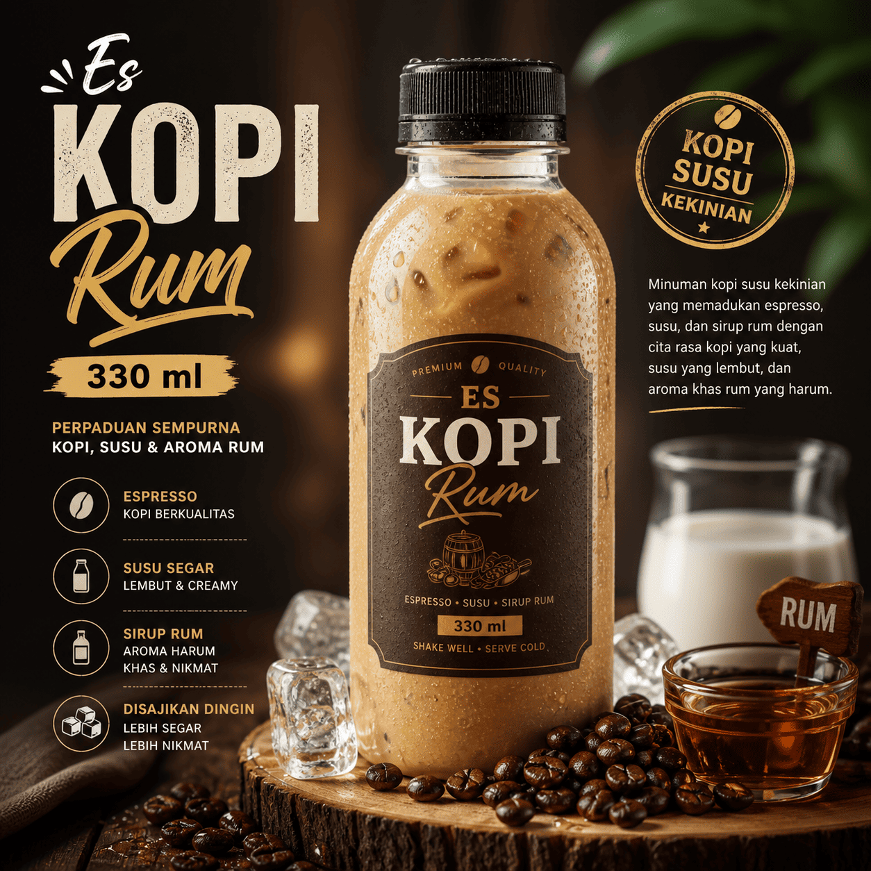 Es Kopi Rum 330 ml dari Thirty Three Brew dengan tampilan clean dan modern